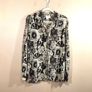 VTG Tess Womens Silk Button Up Shirt L Brown Y2K Retro Roses Silent Movies Indie